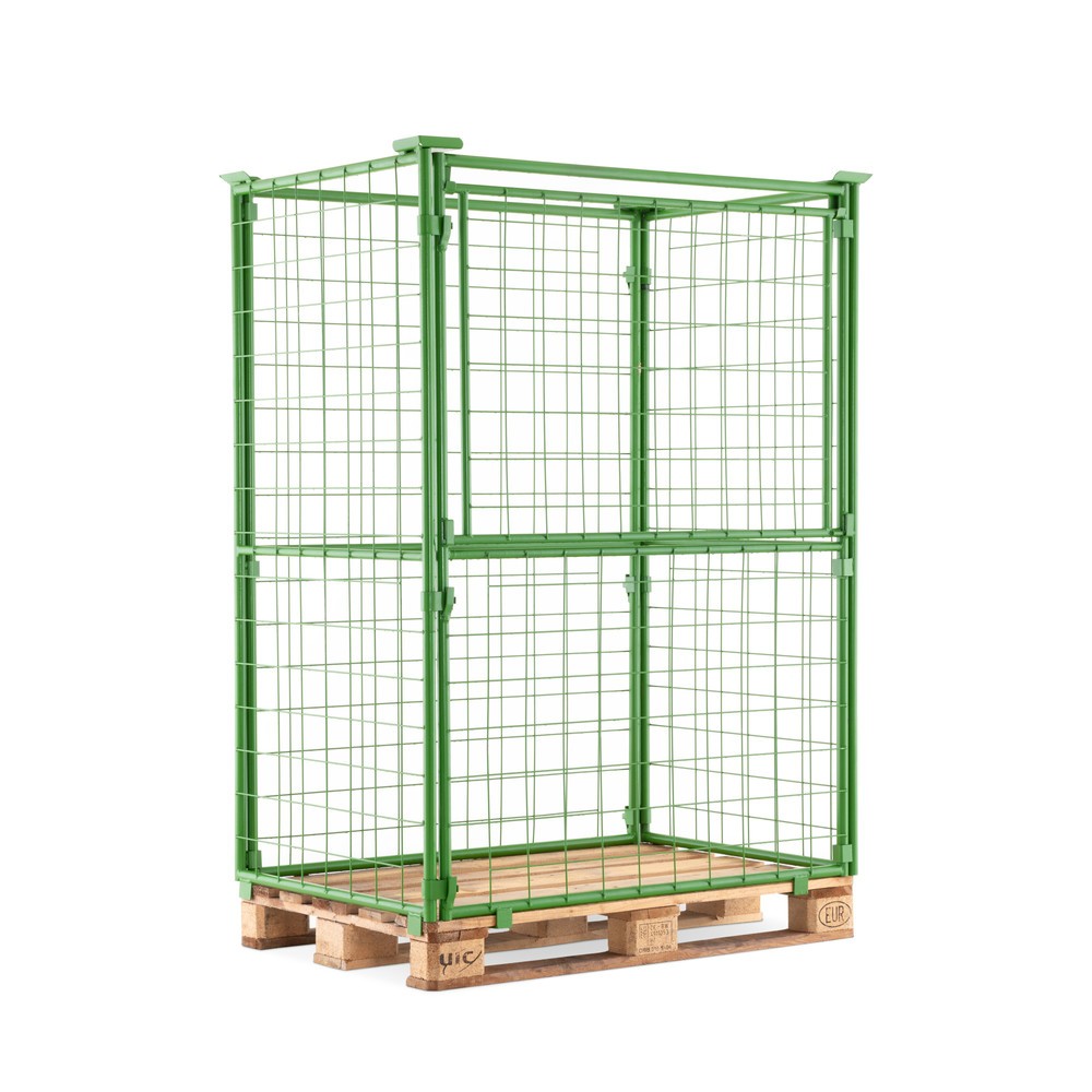 Produktbilder: BASIC pallkrage med lucka, maskstorlek 100 x 100 mm, HxBxD 1 600 x 1 200 x 800 mm, majgrön